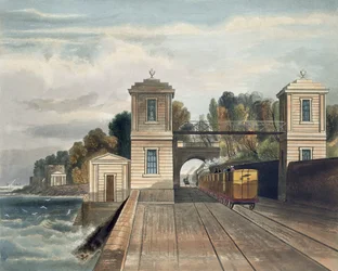 Dublin und Kingstown Eisenbahn: Granitpavillons und Tunneleingang am Anwesen von Lord Cloncurry in Maratimo bei Blackrock, Kingstown Hafen in der Ferne, graviert von S.G. Hughes, 1834